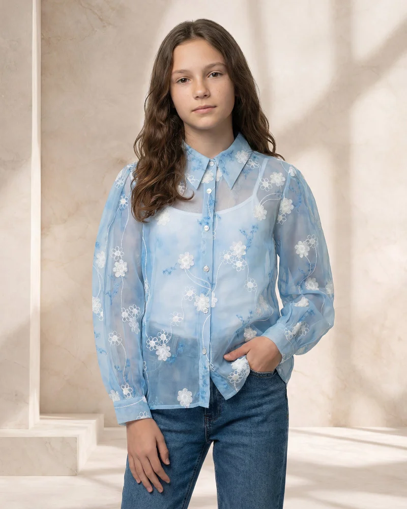 Redtag Senior Girls Blue Floral Embroidered Shirt