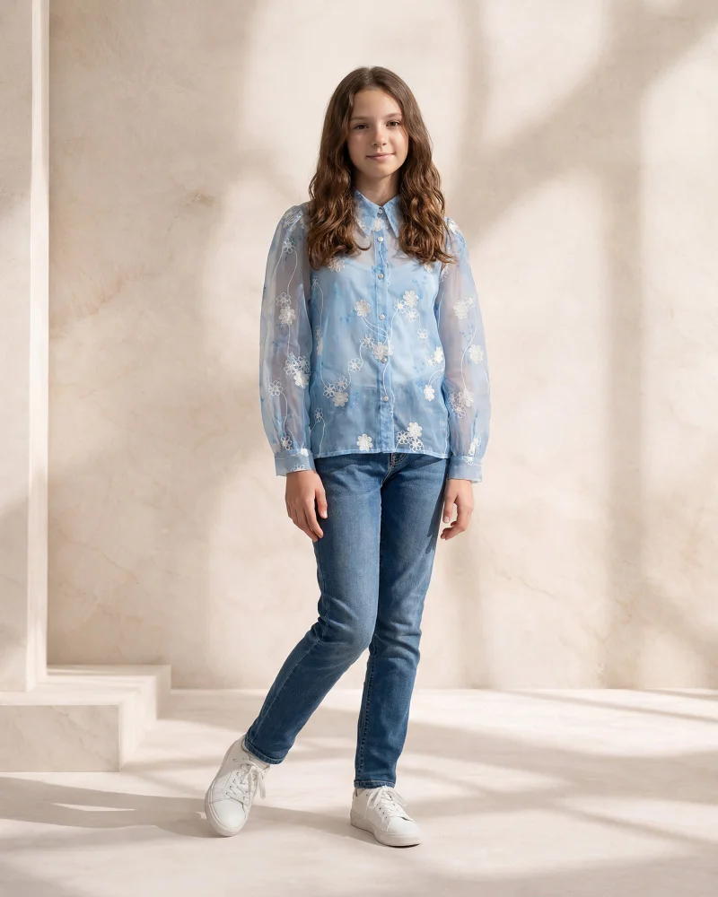 Redtag Senior Girls Blue Floral Embroidered Shirt