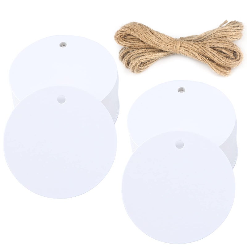 G2PLUS 100PCS White Gift Tags with String22 Round Paper Tag Blank Hang Tag Circle Tags with Holes for Craft Projects Xmas Gift DIY Wedding Favor Bag - Image 3