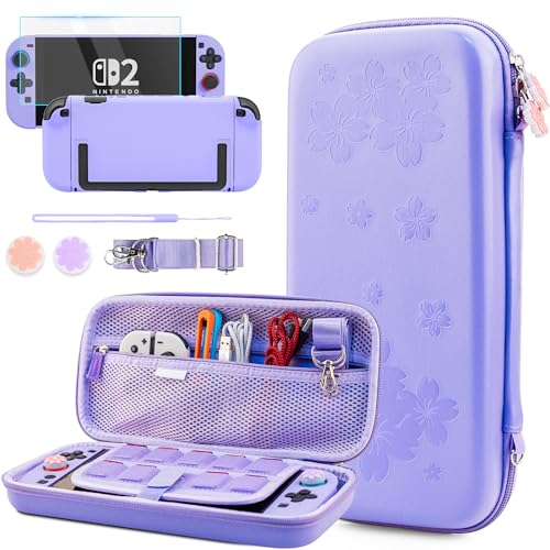 GLDRAM Purple Cherry Blossom Carrying Case for Nintendo Switch 2, Cute Girly Accessories with Sakura Travel Storage Bag, Hardshell Protective Cover, Screen Protector, Shoulder Wrist Strap & Thumb Caps - Image 1