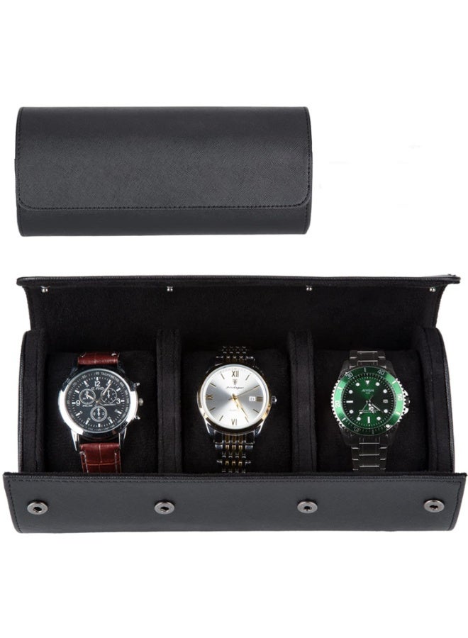 KOWVOWZ Watch Travel Case Handmade Leather Watch Rolls Box for Man Travel Watch Roll with Velvet to Protection Watch Roll Organizer to Home Secure Storage (3 Slot, Black) - Image 1