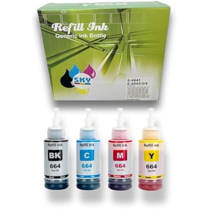 4-PACK 664 COMPATIBLE INK SET FOR EPSON FOR ECOTANK PRINTER L210 L220 L300 L355 L365 L555 L1300 L3050 L3060 - Image 1