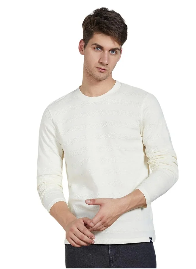 دينيس لينغو Offwhite Solid Regular Fit Round Neck T-shirt for Men - 100% Cotton, Full Sleeves, Casual,