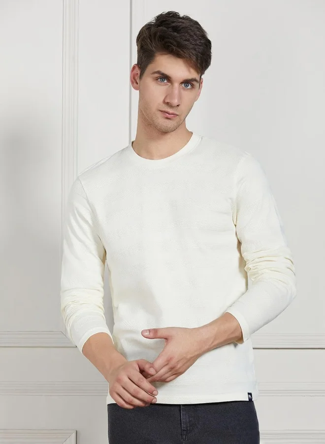 Dennis Lingo Offwhite Solid Regular Fit Round Neck T-shirt for Men - 100% Cotton, Full Sleeves, Casual,