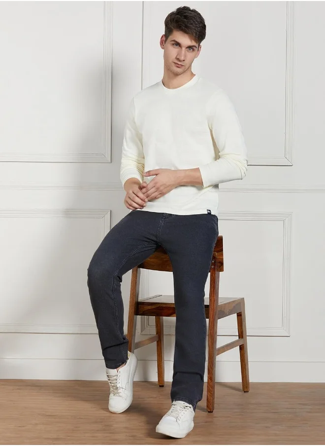 دينيس لينغو Offwhite Solid Regular Fit Round Neck T-shirt for Men - 100% Cotton, Full Sleeves, Casual,