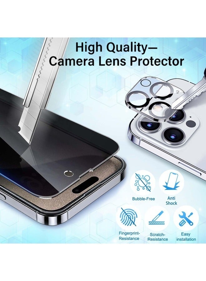 راكسوم [عبوة من قطعتين + قطعتين] واقي شاشة للخصوصية لهاتف آيفون 15 برو ماكس مع واقي عدسة الكاميرا | فيلم زجاجي مقوى مضاد للتجسس | صلابة 9H | سهل التركيب | 6.7 بوصة - Image 3