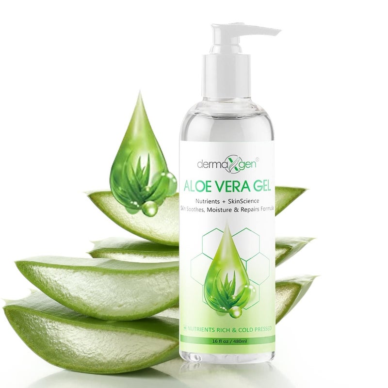 DERMAXGEN Aloe Vera Gel with Witch Hazel, Vitamin C, and Vitamin E - Skin Soothes, Moisture, and Repair Formula for Face and Body - Nutrient-Rich, Organic 100% Pure Aloe Vera - 16 FL OZ - Image 1