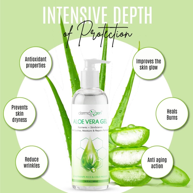 DERMAXGEN Aloe Vera Gel with Witch Hazel, Vitamin C, and Vitamin E - Skin Soothes, Moisture, and Repair Formula for Face and Body - Nutrient-Rich, Organic 100% Pure Aloe Vera - 16 FL OZ - Image 4