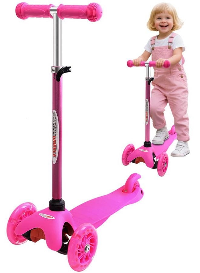 Chrome Wheels Scooter for Kids, Deluxe 4 Adjustable Height 3 Wheels Glider with Kick, Lean to Steer with LED Flashing Light, Pink - Image 1