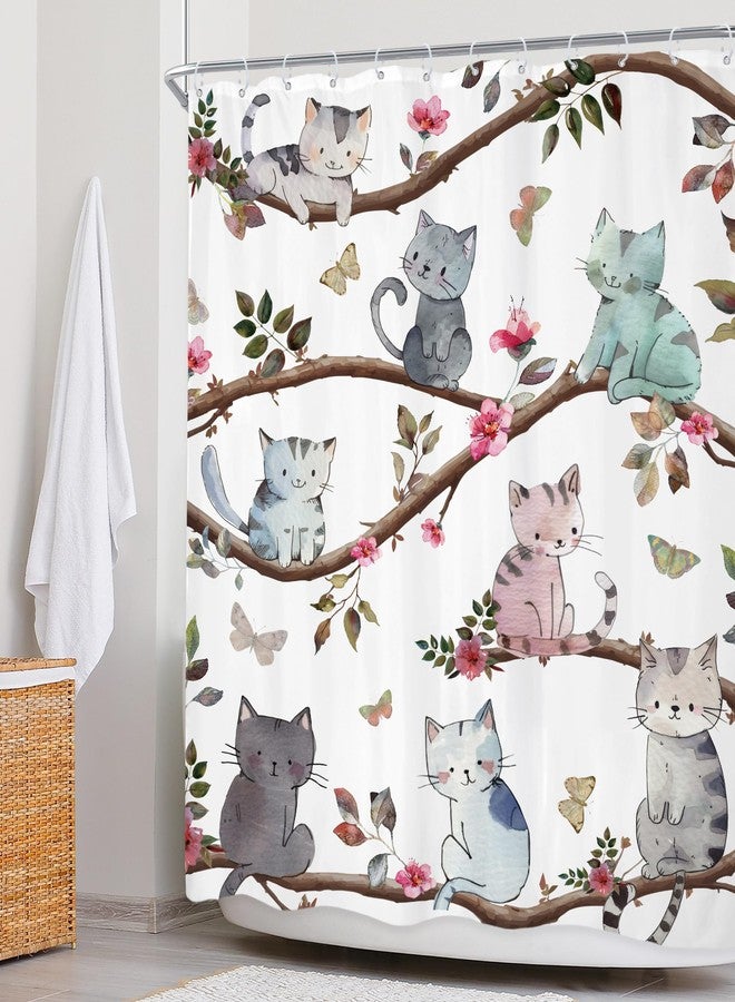 Newsely Kids Funny Cat Shower Curtain 60" W x 72" L Inch Cute Animal Cartoon Pet Kitten Pink Floral Flower Shower Curtain Bathroom Set Child Toddler Waterproof Bath Decoration Accessories Home Decor - Image 3