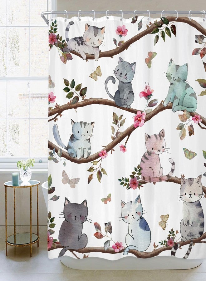 Newsely Kids Funny Cat Shower Curtain 60" W x 72" L Inch Cute Animal Cartoon Pet Kitten Pink Floral Flower Shower Curtain Bathroom Set Child Toddler Waterproof Bath Decoration Accessories Home Decor - Image 2