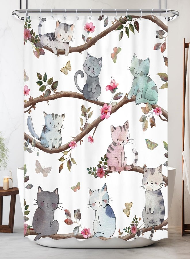 Newsely Kids Funny Cat Shower Curtain 60" W x 72" L Inch Cute Animal Cartoon Pet Kitten Pink Floral Flower Shower Curtain Bathroom Set Child Toddler Waterproof Bath Decoration Accessories Home Decor - Image 1