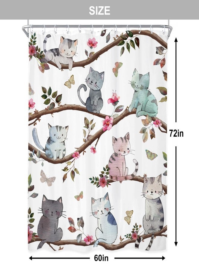 Newsely Kids Funny Cat Shower Curtain 60" W x 72" L Inch Cute Animal Cartoon Pet Kitten Pink Floral Flower Shower Curtain Bathroom Set Child Toddler Waterproof Bath Decoration Accessories Home Decor - Image 5