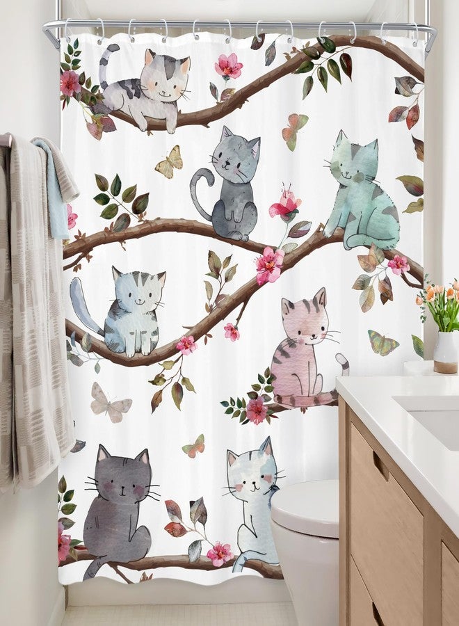 Newsely Kids Funny Cat Shower Curtain 60" W x 72" L Inch Cute Animal Cartoon Pet Kitten Pink Floral Flower Shower Curtain Bathroom Set Child Toddler Waterproof Bath Decoration Accessories Home Decor - Image 4