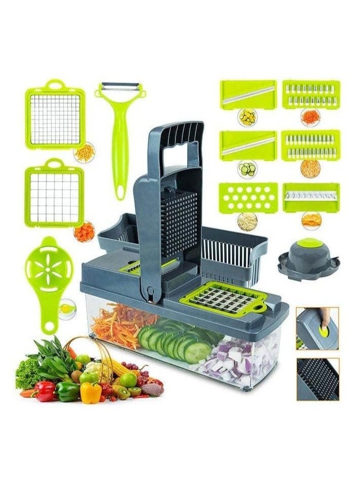 مبشرة خضروات وبصل احترافية متعددة الوظائف 16 في 1 - تتضمن 8 شفرات من الفولاذ المقاوم للصدأ لتقطيع الخضراوات والبصل والفواكه بسهولة، تأتي مع حاوية تخزين وملحقات تنظيف، مثالية لتقطيع رقائق البطاطس وإعداد الوجبات بأشكال مختلفة، أداة مطبخ محمولة لتلبية جميع احتياجات الطبخ الخاصة بك - مبشرة وقطاعة رقائق البطاطس - Image 1