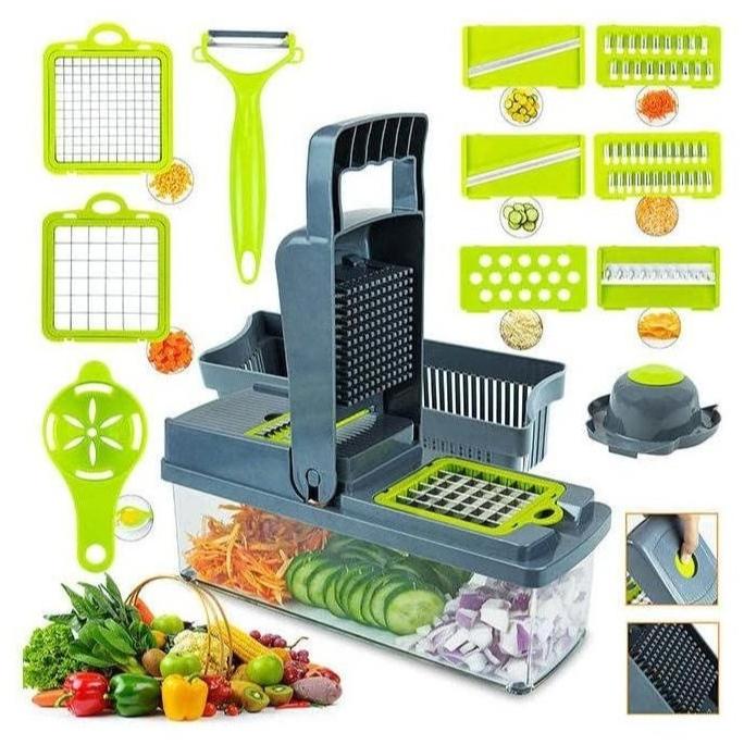 مبشرة خضروات وبصل احترافية متعددة الوظائف 16 في 1 - تتضمن 8 شفرات من الفولاذ المقاوم للصدأ لتقطيع الخضراوات والبصل والفواكه بسهولة، تأتي مع حاوية تخزين وملحقات تنظيف، مثالية لتقطيع رقائق البطاطس وإعداد الوجبات بأشكال مختلفة، أداة مطبخ محمولة لتلبية جميع احتياجات الطبخ الخاصة بك - مبشرة وقطاعة رقائق البطاطس - Image 1