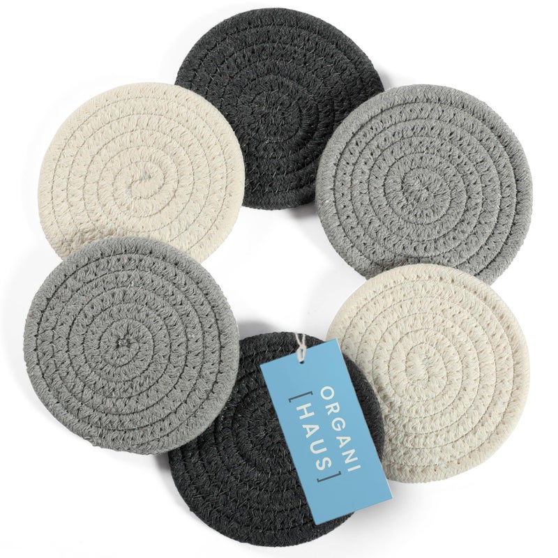 OrganiHaus OrganiHaus Set of 6 Gray Woven Coasters for Wooden Table 43 Cup Coasters for Drinks Absorbent Coasters Cute Fabric Coasters Farmhouse Coasters for Coffee Table Moisture Absorbing Coasters 
