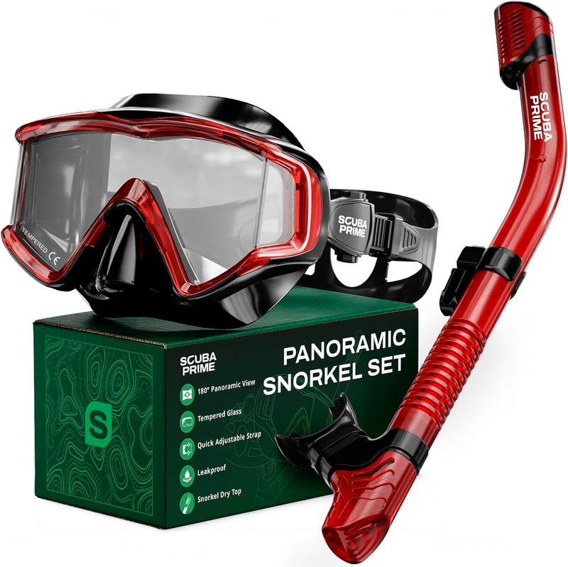Pano 3 Snorkeling Set with Dry Top Snorkel, 180° Panoramic Dive Mask Tempered Glass Three-Window Scuba Mask, Foldable Silicone Tube Anti-Leak Gear for Men Women Teens Adults, 4 Color Options - Image 1
