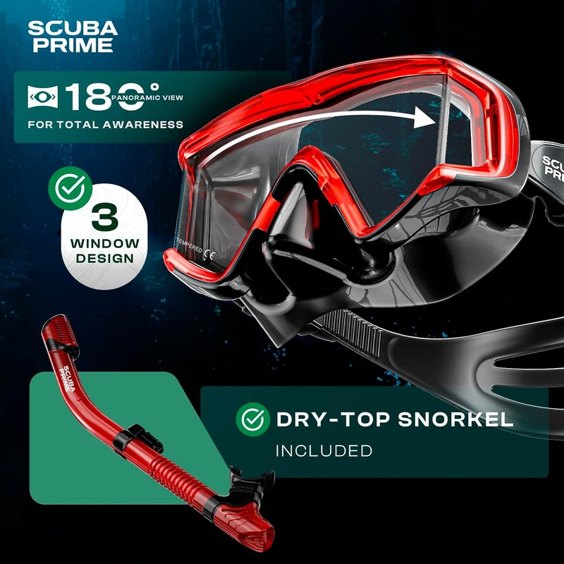 Pano 3 Snorkeling Set with Dry Top Snorkel, 180° Panoramic Dive Mask Tempered Glass Three-Window Scuba Mask, Foldable Silicone Tube Anti-Leak Gear for Men Women Teens Adults, 4 Color Options - Image 3