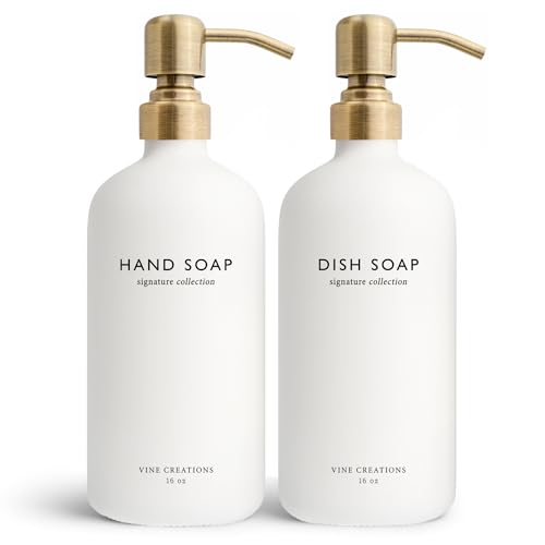 Vine Creations White Glass Soap Dispenser Set Dish Soap and Hand Soap Dispenser Set with Stainless Steel Pump 16 oz Glass Dispensers for Kitchen or Bathroom Decor Matte White BottleBrushed Brass - Image 1