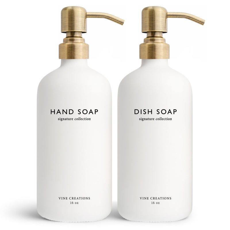 Vine Creations White Glass Soap Dispenser Set Dish Soap and Hand Soap Dispenser Set with Stainless Steel Pump 16 oz Glass Dispensers for Kitchen or Bathroom Decor Matte White BottleBrushed Brass - Image 2