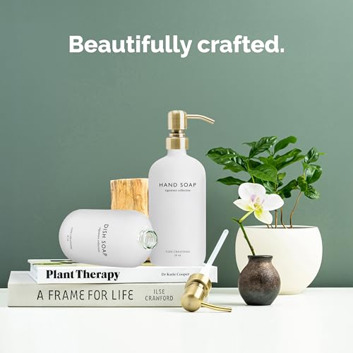Vine Creations White Glass Soap Dispenser Set Dish Soap and Hand Soap Dispenser Set with Stainless Steel Pump 16 oz Glass Dispensers for Kitchen or Bathroom Decor Matte White BottleBrushed Brass - Image 3