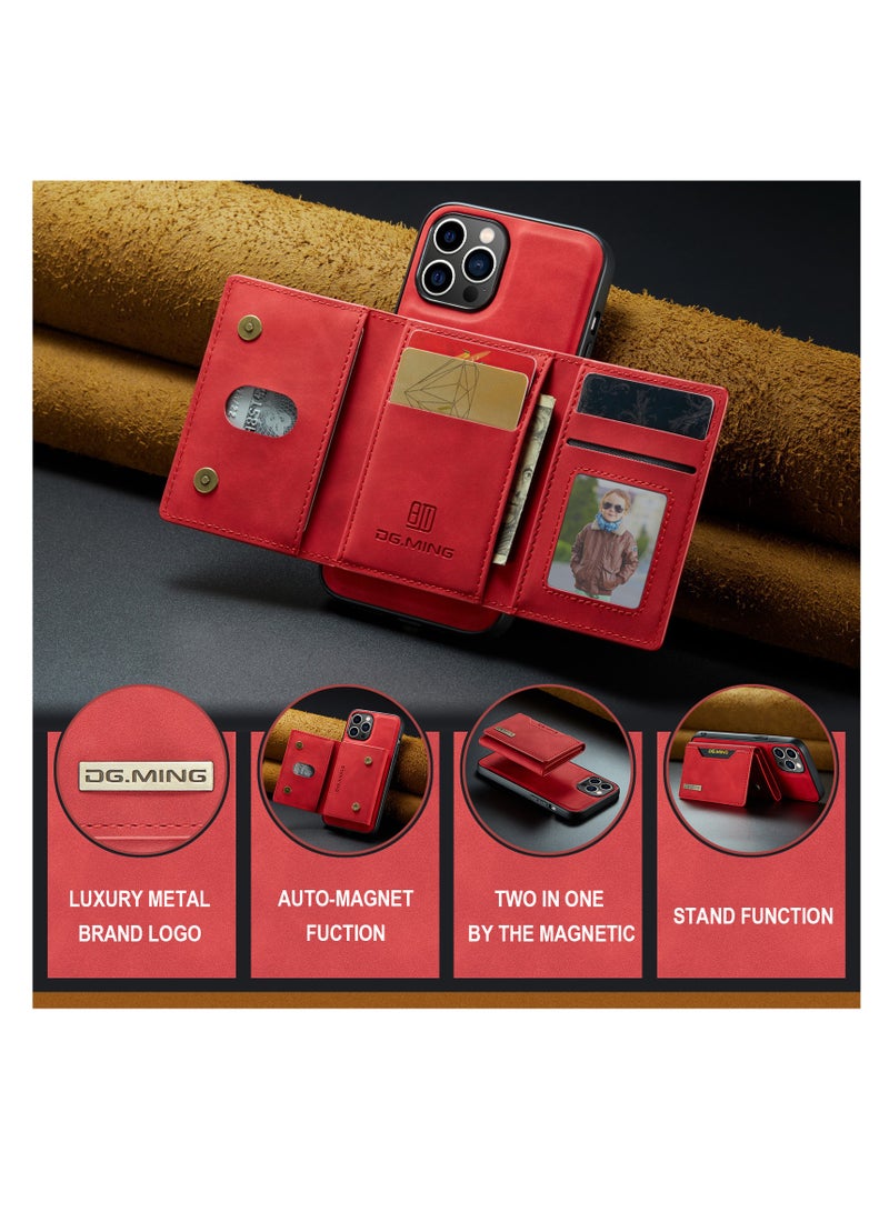 DGMING Wallet Case for Apple iPhone 14 Pro, DG.MING Premium Leather Phone Case Back Cover Magnetic Detachable with Trifold Wallet Card Holder Pocket (Red)  - Image 4