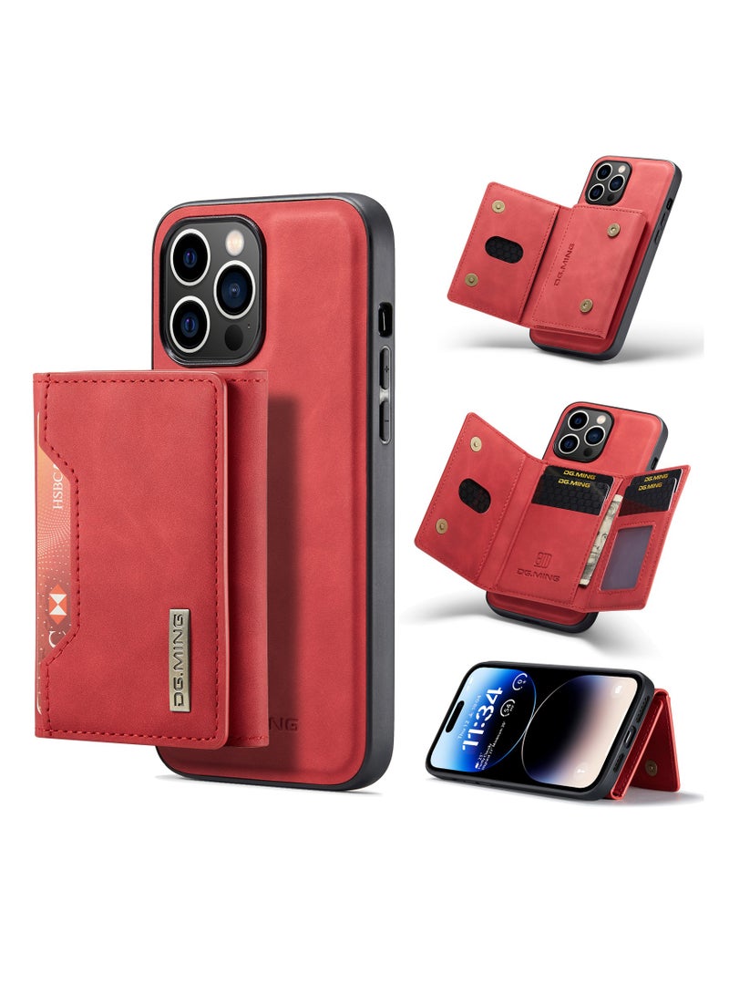 DGMING Wallet Case for Apple iPhone 14 Pro, DG.MING Premium Leather Phone Case Back Cover Magnetic Detachable with Trifold Wallet Card Holder Pocket (Red)  - Image 2
