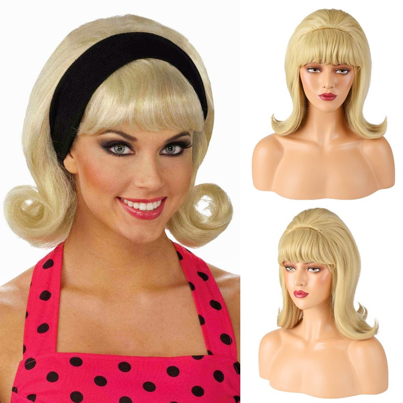 LONAI Retro Blonde Wig 50s 60s 70s Wig with Bangs for Women Beehive Vintage Style Synthetic Hair for Halloween Costume Party