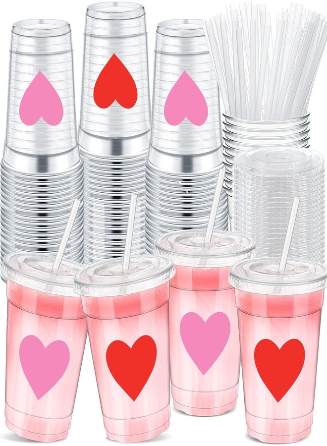 Jingmore 48 Set 12 oz Valentine's Day Disposable Plastic Cups with Lids and Straws Pink & Red Heart Clear Valentines Party Cup Bulk for Galentine's Day Wedding Hot Cold Drinks Party Supplies - Image 1