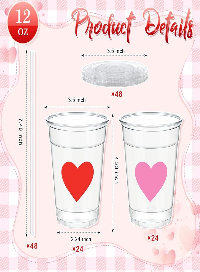 Jingmore 48 Set 12 oz Valentine's Day Disposable Plastic Cups with Lids and Straws Pink & Red Heart Clear Valentines Party Cup Bulk for Galentine's Day Wedding Hot Cold Drinks Party Supplies - Image 3