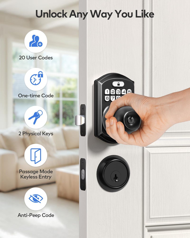 TEEHO TE003 Keyless Entry Keypad Door Lock with Handle, Electronic Digital Smart Locks for Front Door, Smart Door Knob with Code for Bedroom with Interior Locks, Auto Lock, Passage Mode, Matte Black - Image 3