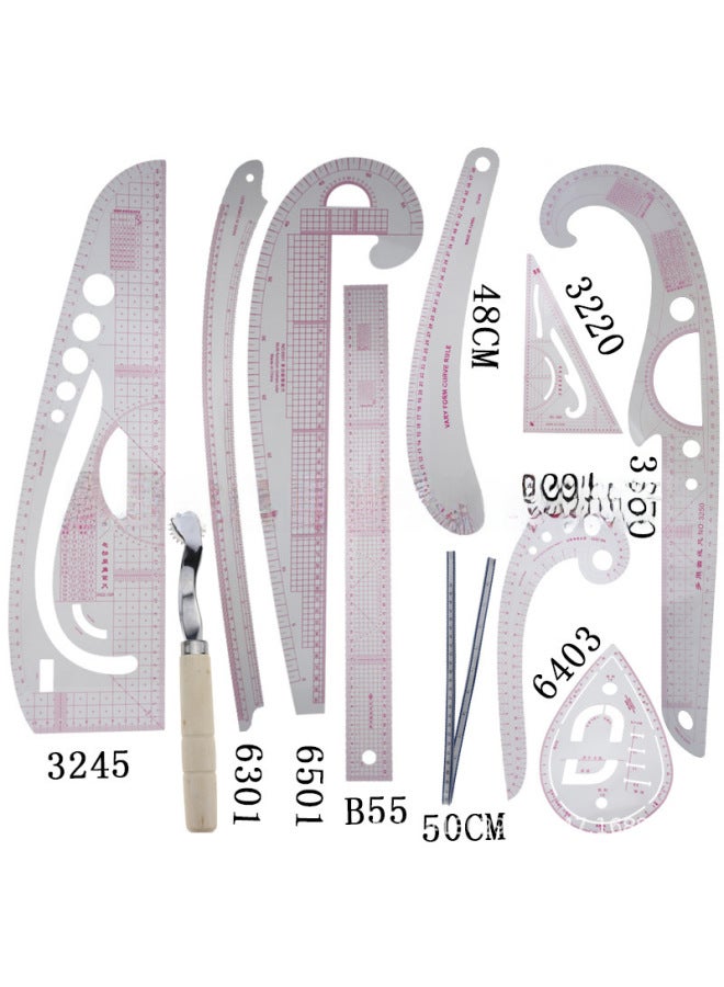 ثام مسطرة الملابس، مسطرة القص، مسطرة كم القفص، مسطرة المنحنيات، مسطرة قوس الأزرار، مجموعة مساطر - Image 1