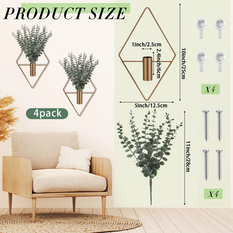 Jexine 4 Pcs Hanging Planters with Artificial Eucalyptus Metal Hanging Vase Indoor Plants Holder Modern Geometric Boho Bathroom Wall Decor for Living Room Home Office (Eucalyptus,Bronze) - Image 2