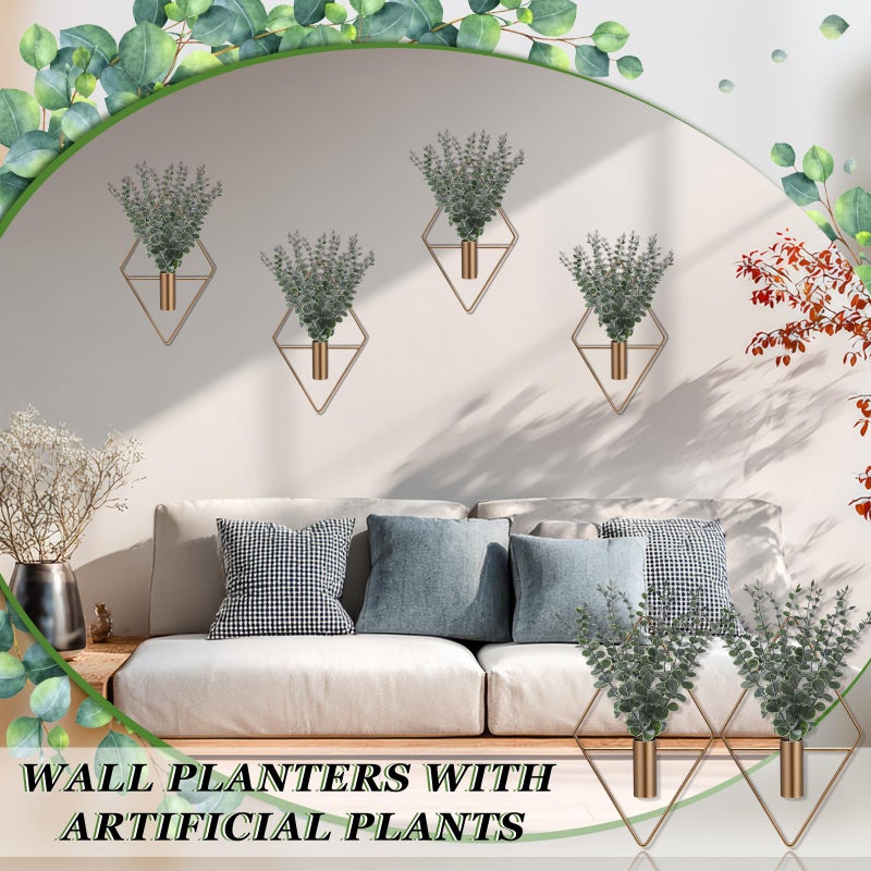 Jexine 4 Pcs Hanging Planters with Artificial Eucalyptus Metal Hanging Vase Indoor Plants Holder Modern Geometric Boho Bathroom Wall Decor for Living Room Home Office (Eucalyptus,Bronze) - Image 4