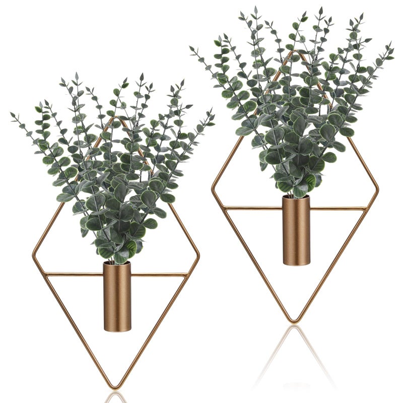 Jexine 4 Pcs Hanging Planters with Artificial Eucalyptus Metal Hanging Vase Indoor Plants Holder Modern Geometric Boho Bathroom Wall Decor for Living Room Home Office (Eucalyptus,Bronze) - Image 1
