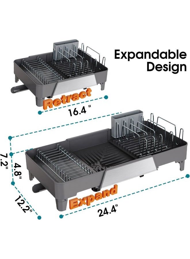 FOXHIVE Expandable Dish Drying Rack, Adjustable Length 16.5-25.6 in, Large Dish Racks for Kitchen Counter, Collapsible Dish Drainer with Extendable Drainboard & Stainless Steel Utensil Holder (Gray) - Image 3