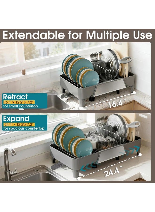 FOXHIVE Expandable Dish Drying Rack, Adjustable Length 16.5-25.6 in, Large Dish Racks for Kitchen Counter, Collapsible Dish Drainer with Extendable Drainboard & Stainless Steel Utensil Holder (Gray) - Image 5