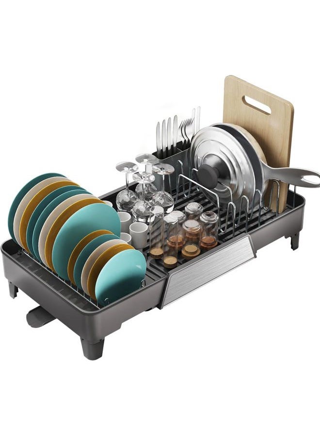 FOXHIVE Expandable Dish Drying Rack, Adjustable Length 16.5-25.6 in, Large Dish Racks for Kitchen Counter, Collapsible Dish Drainer with Extendable Drainboard & Stainless Steel Utensil Holder (Gray) - Image 1