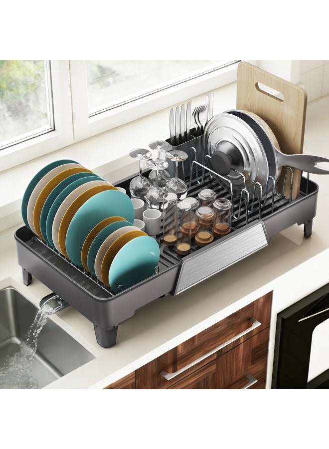 FOXHIVE Expandable Dish Drying Rack, Adjustable Length 16.5-25.6 in, Large Dish Racks for Kitchen Counter, Collapsible Dish Drainer with Extendable Drainboard & Stainless Steel Utensil Holder (Gray) - Image 2