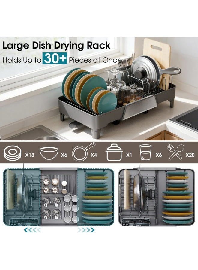 FOXHIVE Expandable Dish Drying Rack, Adjustable Length 16.5-25.6 in, Large Dish Racks for Kitchen Counter, Collapsible Dish Drainer with Extendable Drainboard & Stainless Steel Utensil Holder (Gray) - Image 4
