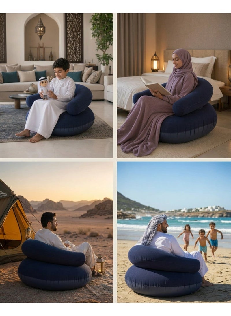 Inflatable U-Shape Lazy Sofa Chair, Flocked Portable Blow Up Couch for Indoor & Outdoor, Navy Blue (73x73x52cm), Free foot pump included - Image 3