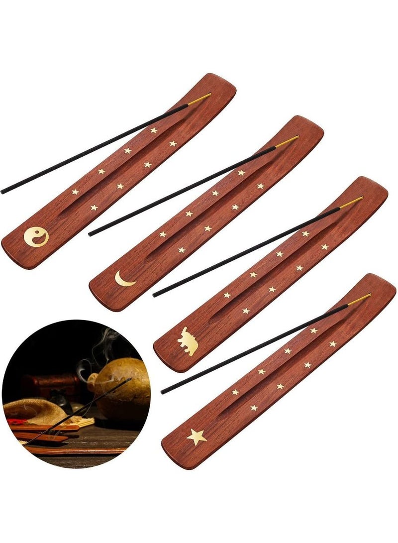 QUESERA 4 Pieces Wooden Incense Holder Handmade Wooden Incense Stick Holder Wood Incense Burner Ash Catcher of Brass Yin an - Image 1