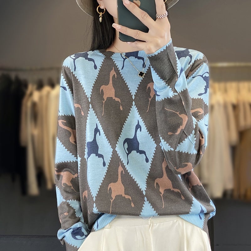 Spring and Summer Worsted Superfine Water-soluble Wool Sweater Womens Crewneck Fashion Printed Knitted Pullover Base Elegant Skin-friendly Top Blue War Horse 