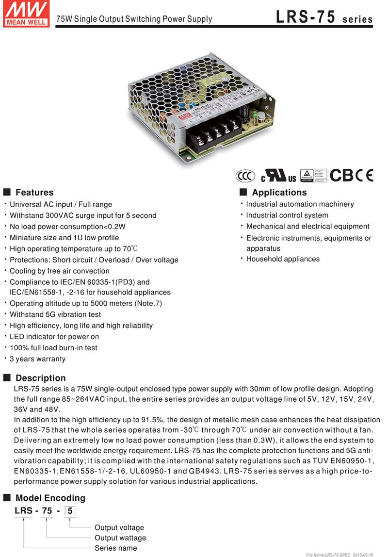 MEAN WELL LRS-75-15 LRS-75 Series 75 W Single Output 15 V Enclosed Switching Power Supply - 1 item(s) - Image 2