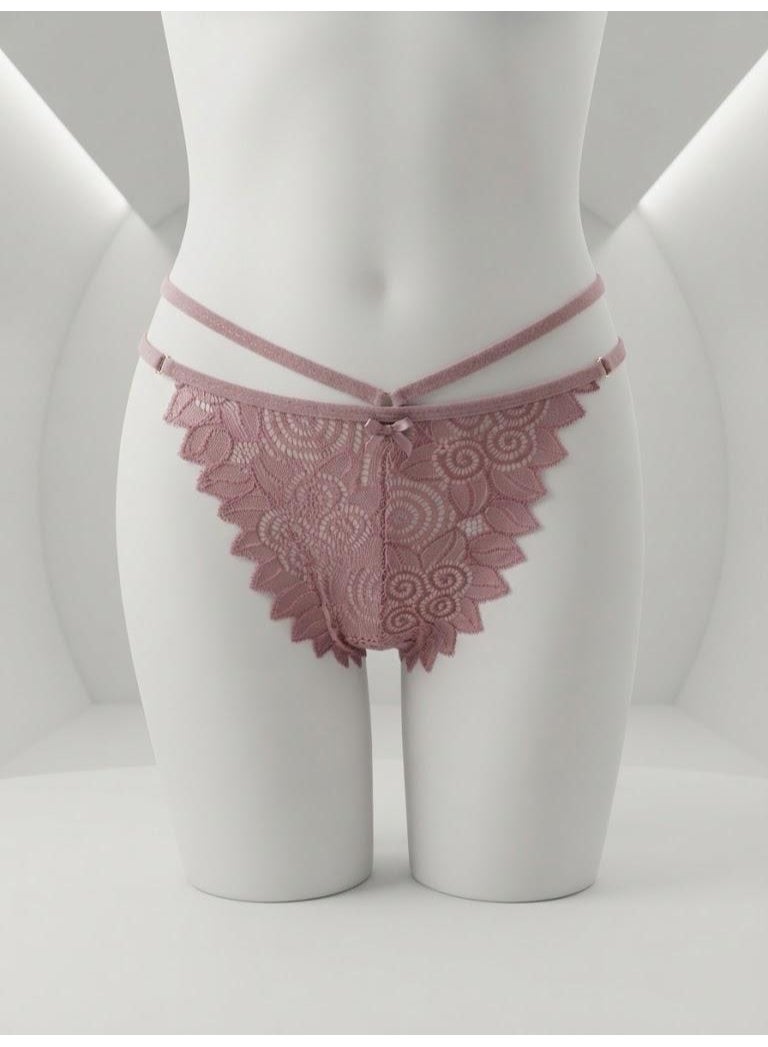 Dusty Pink Cross-Strap Floral Lace Thong