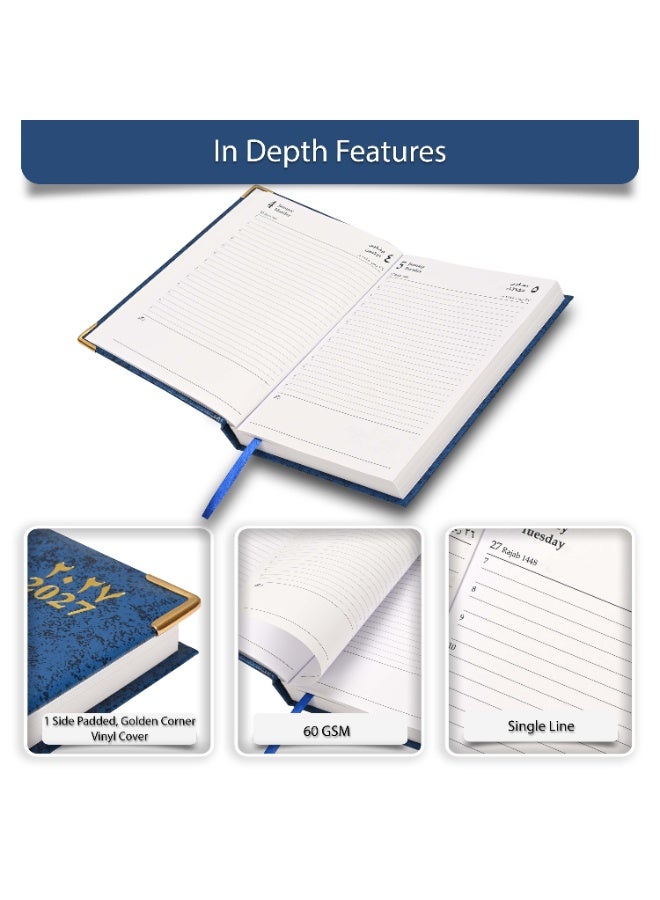 FIS 2027 A5 Diary, 148x210mm Size, 1 Side Padded Vinyl Cover, 1 Day a Page Format, Golden Corners, 60gsm White Paper, English/Arabic, Blue Cover-FSDI22AE27BL - Image 5