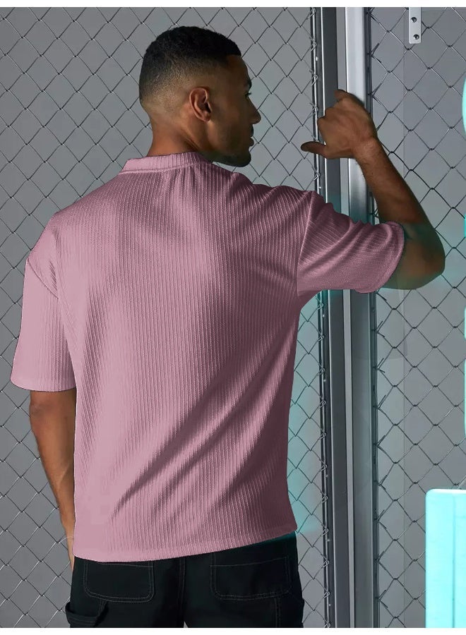 Maniac Mens Solid Round Neck Half Sleeve Pink Seersucker CottonBlend Oversized T-Shirt - Image 2