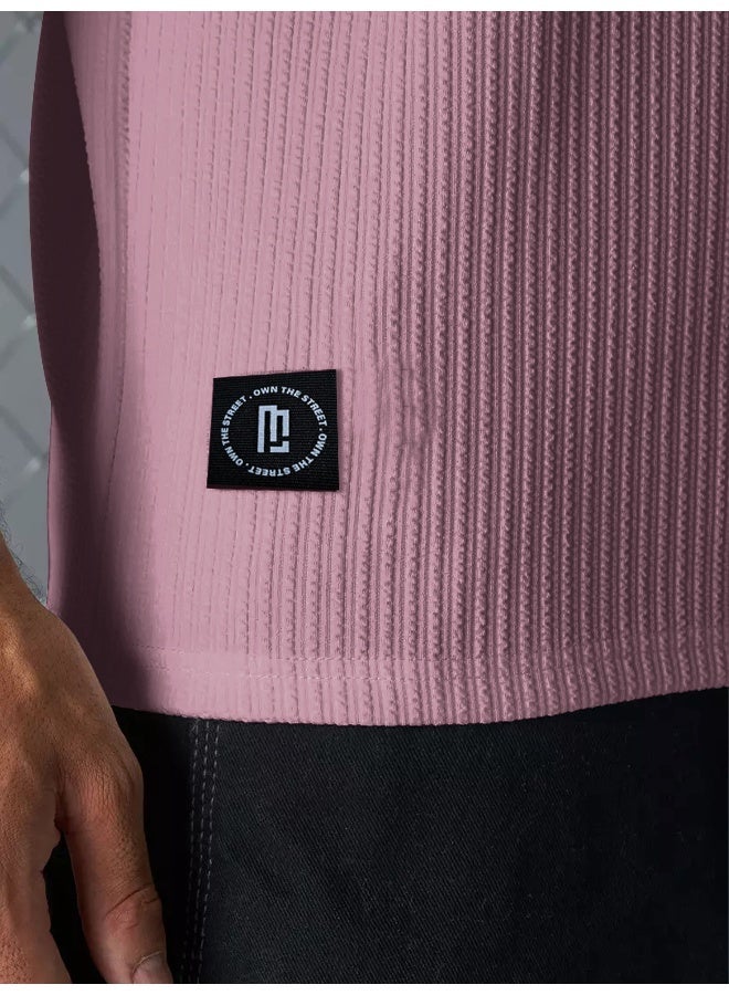 Maniac Mens Solid Round Neck Half Sleeve Pink Seersucker CottonBlend Oversized T-Shirt - Image 3