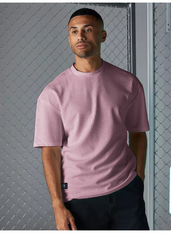 Maniac Mens Solid Round Neck Half Sleeve Pink Seersucker CottonBlend Oversized T-Shirt - Image 1